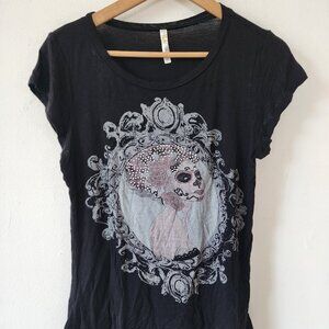 Womens Y2K Skull Skeleton Shirt XL Short Sleeve Black Sequin